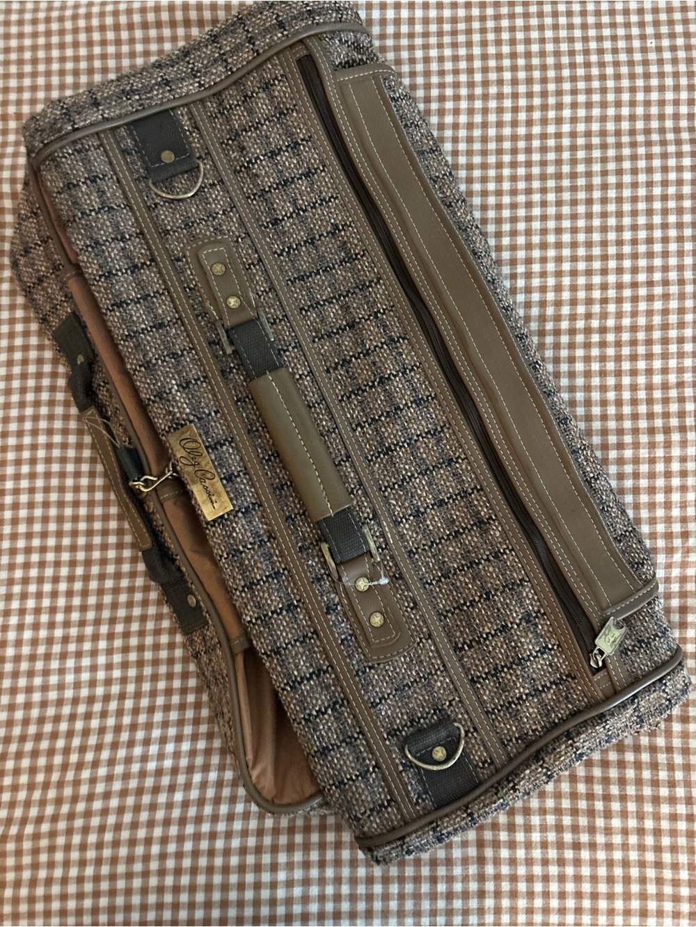 Oleg Cassini Brown Tweed Travel Garmet Bag with Leather Trim and Gold Accents